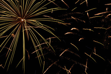 fireworks with golden and green colors exploding in the sky, party, fun, celebration