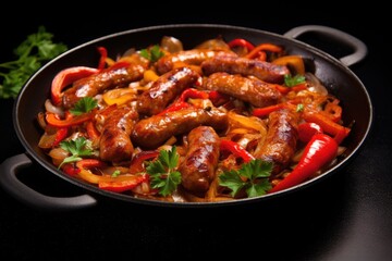 Wall Mural - Hungarian lecho sausages stewed with veggies on a black plate