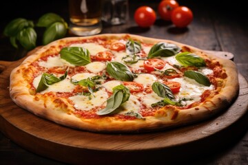 Sticker - Italian pizza with mozzarella cheese and tomato topped with fresh basil on a thick crust