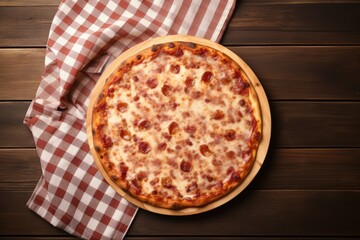 Poster - Mock up of wooden table with pizza board and tablecloth viewed from top