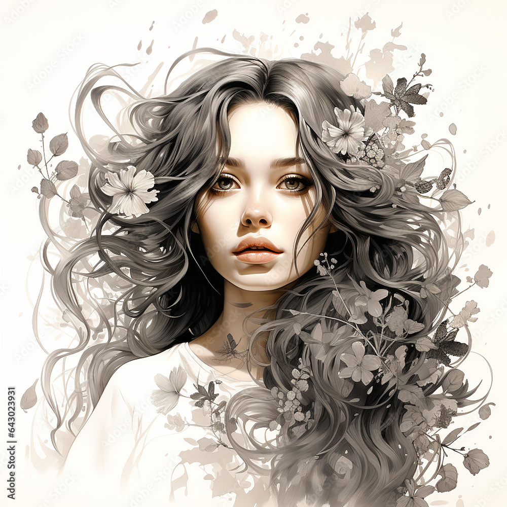 Portrait of a young beautiful girl with flowers in curls of long hair ...