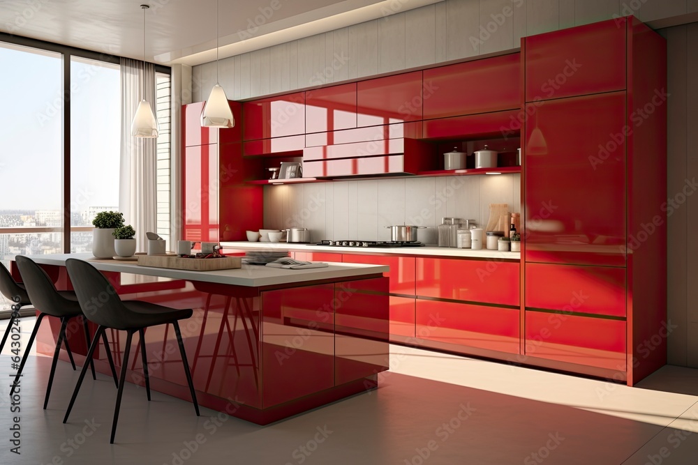 A modern kitchen with red cabinets and a large window created with ...