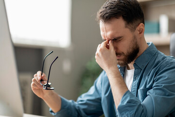 Aufkleber - Overworking Concept. Businessman Taking Off Glasses And Massaging Nose Bridge