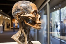 A Human Head On Display In A Glass Case With People Looking At It And Walking Around The Exhibit Area Behind