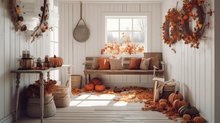 Canvas Print - Cozy autumn decor in a cottage's porch 