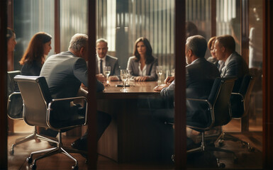 Wall Mural - business people behind closed doors discussing their problems at a round table. Generative Ai