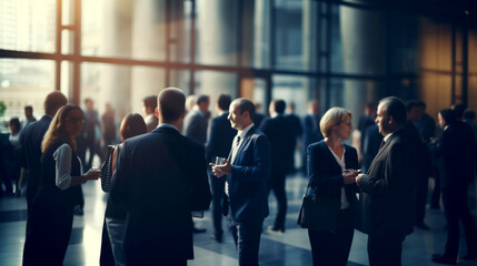 Wall Mural - a group of businessmen at a shareholder convention communicate on the sidelines between meetings. Generative Ai