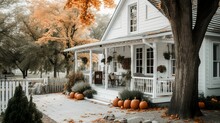 Cozy Cottage Porch Exterior With Autumn Decor 