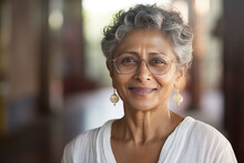 Beautiful Elderly Well-groomed Indian Lady With Short Gray Hair, Clear Glasses In Metal Frames, Earrings In Ears, White Blouse, With A Delicate Smile Stands On A Blurred Interior Background. Close-up