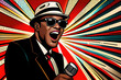 Black singer with microphone on multicolour background