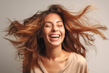 Charming Asian Teenager With Wavy Long Hair Blowing In The Breeze Exudes Positivity With A Bright Smile On A Solid Background. Generative AI.