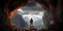 Silhouette Of A Mountain Climber In Front Of A Cave Entrance In The Mountains