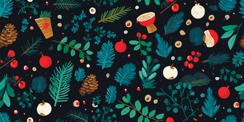 Modern Winter Christmas, New year festive seamless pattern for wrapping paper or fabric with different elemets. Creative vintage collage contemporary seamless pattern. Fashionable template for design