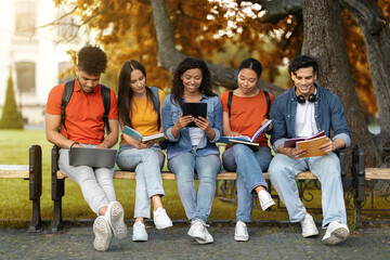  Education Concept. Diverse Young Students Study Together Outdoors
