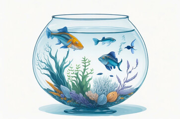 Wall Mural - Light watercolor glass fishbowl containing tropical fish with a white background.