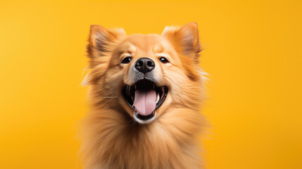 Wall Mural - Happy smiling dog isolated on yellow background.