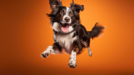 Wall Mural - Happy smiling dog isolated on red background.