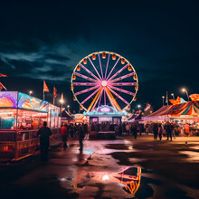 Ferris Wheel At State County Fair Or Carnival At Night. Generative Ai. 