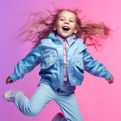 Wall Mural - Portrait of cheerful positive girl jumping in the air with raised arm looking at camera isolated on pink background. Funny child girl jumping on a colored pink background. Generative AI.