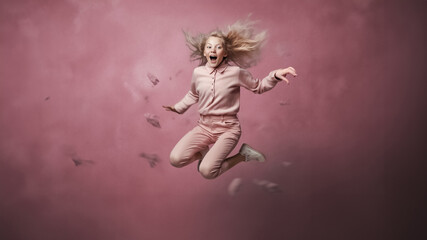 Wall Mural - Portrait of cheerful positive girl jumping in the air with raised arm looking at camera isolated on pink background. Funny child girl jumping on a colored pink background. Generative AI.