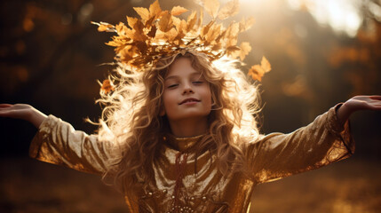 girl in a field, adorned with a crown of autumn leaves