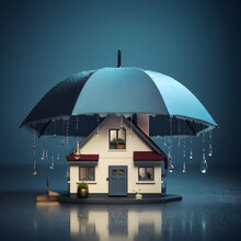 Umbrella Over Home A Metaphor Indicating The Value Of Home Insurance Protecting Your Home Investment On A Rainy Day. Generative Ai. 