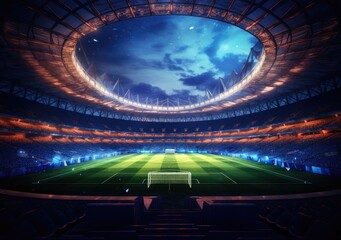 Football stadium at night, soccer stadium with ongoing game at night.  Drone view. AI Generative.