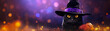 Banner with cute black cat in witch hat on shiny festive bokeh background. Halloween design. Postcard with copy space. Generative AI