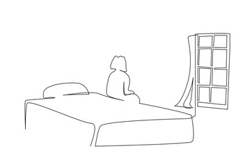 Wall Mural - woman bedroom sitting on bed looking out window thinking calm life line art design