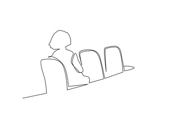 Wall Mural - mature woman traveling passenger sitting calmly empty seats alone calm thoughtful woman turned back line art