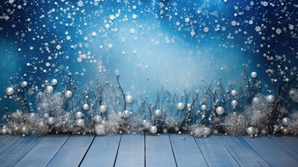 Wall Mural - Beautiful original background image for an invitation or a New Year's card with a wooden base and a sparkling white and blue backdrop.