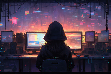 hacker sitting at the computer, cyber security and anti-spyware concept
