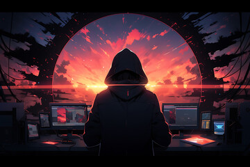 hacker sitting at the computer, cyber security and anti-spyware concept
