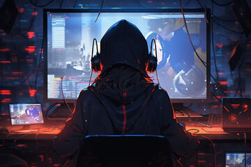 hacker sitting at the computer, cyber security and anti-spyware concept
