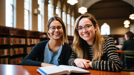 Wall Mural - Two student friends sitting in the library getting ready for class