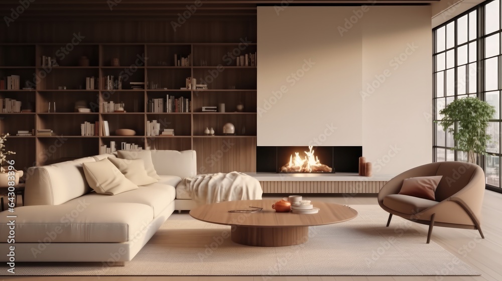 Beige living room interior with sofa at modern house. Stock Photo ...