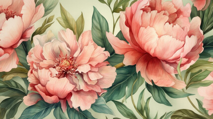  Beautiful peony flowers with leaves on background. Seamless floral pattern, border. Watercolor painting. Hand drawn illustration. Design for fabric, wallpaper, bed linen, greeting card design.