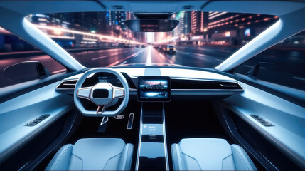 Poster - Future technologies, Interior of a self-driving car controlled by an artificial intelligence autopilot.