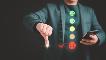 Poster - Customer give rating to service experience assessment on application with virtual screen on the angry emotion face. Business concept of customer service, experience dissatisfied, testimonial review.