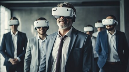 Poster - Virtual reality demonstration, Mature businessman wearing VR glasses in office business technology futuristic technology vr virtual.