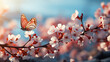 Branches of blossoming cherry against background of blue sky and fluttering butterflies in spring on nature outdoors. Pink sakura flowers, dreamy romantic artistic image of spring nature, copy space.