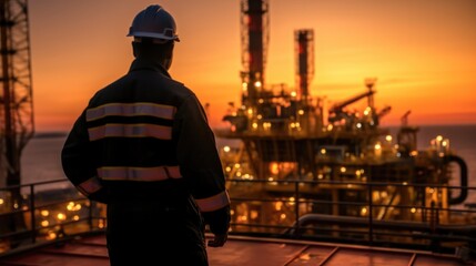 Fototapete - Professional Engineer inspector in helmet working and analyzing data on mobile device on oil and gas.