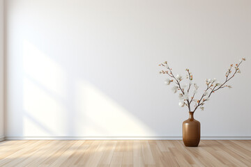 An empty room with wooden floor and vases in the style of minimalist backgrounds, template for product presentation,  mock up