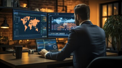 Fototapete - The analyst assesses software system functionalities, Examining test reports.