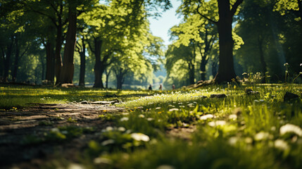 Wall Mural - Defocused green trees in forest or park with wild grass and sun beams, Beautiful summer spring natural background.