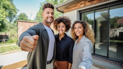 Poster - Property market concept, Smiling real estate broker pointing with hand while showing new dwelling to customer.