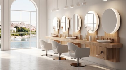 luxury hairdressing and beauty salon with chairs and mirrors.