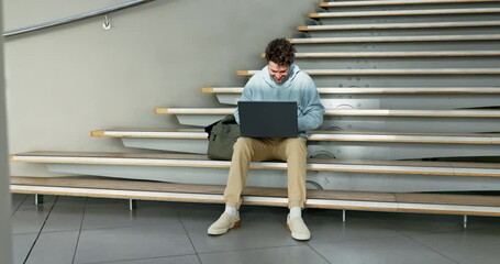 Aufkleber - Laptop, homework and student man on a staircase at university for education, learning or study. Computer, college or school with a person online for research or assignment during academic scholarship