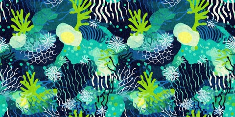 Tropical modern coastal pattern clash fabric coral reef border print for summer beach textile designs with a linen cotton effect. Seamless trendy underwater kelp and seaweed ribbon edge background