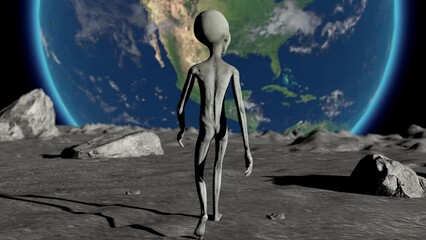 Wall Mural - scary gray alien walking on the surface of the moon. planet earth is visible. ufo futuristic concept